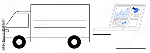 Delivery truck moving next to laptop with analytics dashboard, charts, and graphs. Ideal for logistics, analytics, transportation, technology, supply chain business metrics efficiency. Simple flat