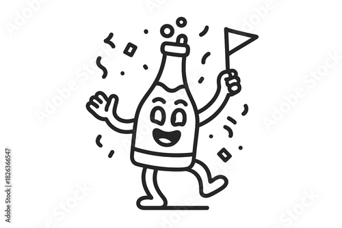 Joyful champagne bottle character celebrating victory with a flag and popping confetti
