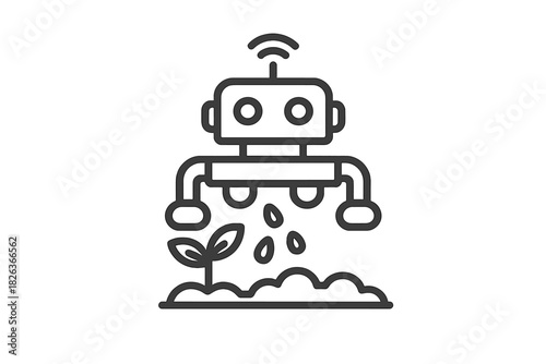 Smart farming robot planting seeds in fertile soil near a growing plant seedling