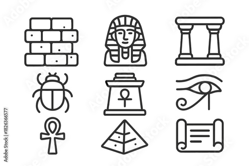 Line art symbols of Ancient Egyptian culture: pharaoh, pyramid, ankh, scarab, and Eye of Horus