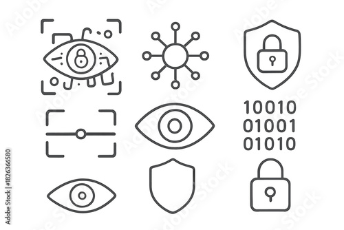 Cybersecurity and Biometric Authentication Symbols featuring Eye Scan, Padlock, Shield, and Binary Code