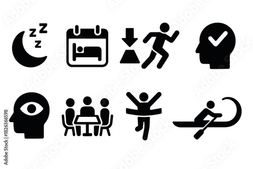 Minimalist icons for sleep, exercise, and work-life balance in a modern lifestyle