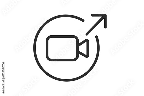 Minimalist line art showing video camera export and data sharing function