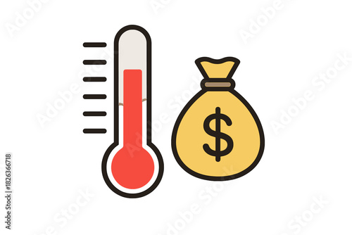 High temperature thermometer next to a money bag symbolizing financial risk and inflation