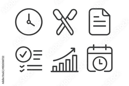 Essential business and productivity icons featuring time, document, checklist, and growth chart symbols