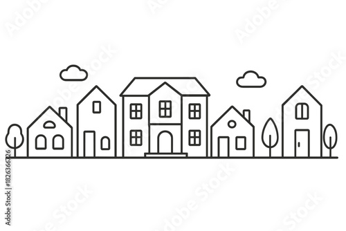 Minimalist streetscape with residential buildings and trees drawn in continuous line