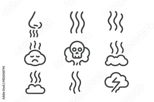 Bad odor, toxic fumes, air pollution, and danger warning symbols in outline style