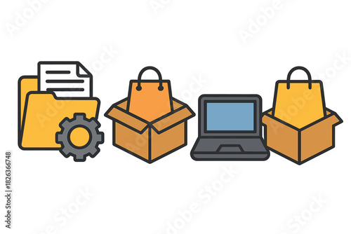 Set of flat icons representing digital data management, e-commerce, and technology