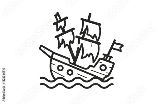 Hand drawn pirate ship or old galleon with damaged sails on the water