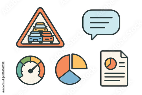 Business and data visualization symbols including traffic warning, speed gauge, and financial analysis chart