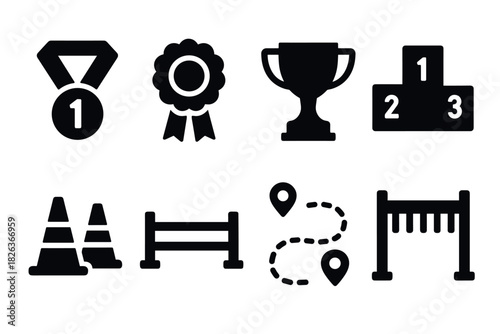 Award icons: medals, trophies, and racing symbols in silhouette style