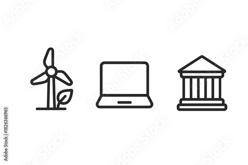 Renewable energy, digital technology, and financial institution icons for business concepts
