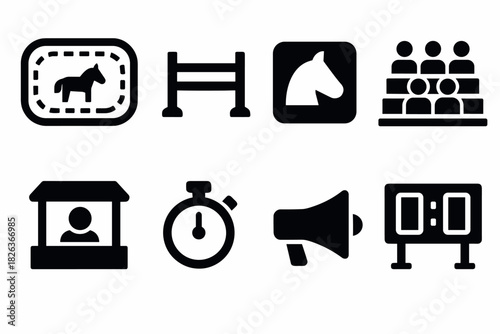 Equestrian icon set: horse show symbols in bold black silhouette design