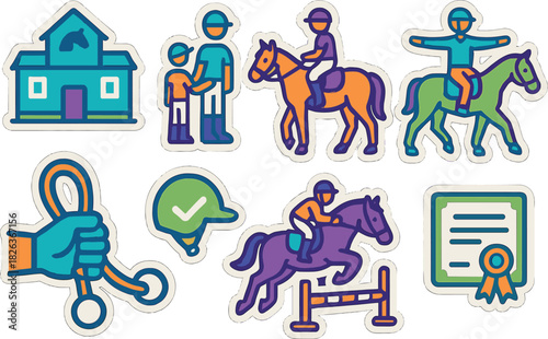 Equestrian activities and horse riding stickers in bold outline art