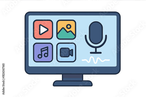 Desktop computer monitor displaying multimedia application icons for video, music, photo, and audio recording