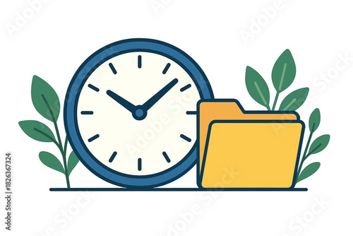 Wall clock and folder symbolizing deadline planning and document organization