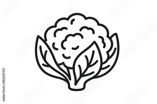 Simple black outline of a whole cauliflower head with surrounding leaves
