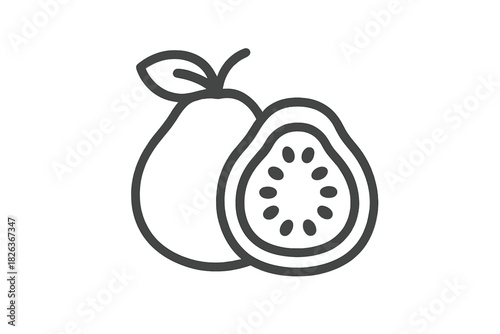 Whole guava fruit and cross section view with seeds in minimalist outline style