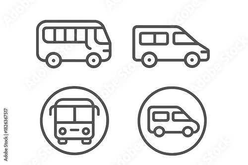 Set of outline symbols representing passenger road transport vehicles like a minibus and commercial van