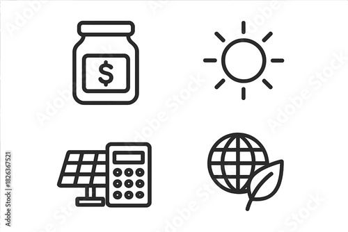 Financial savings, solar power calculation, and global environmental sustainability concepts