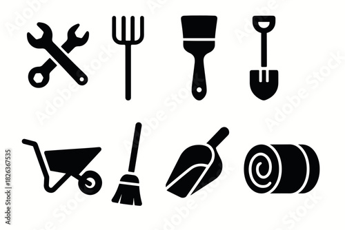 Gardening icons set: tools and equipment in simple black silhouettes for home landscaping