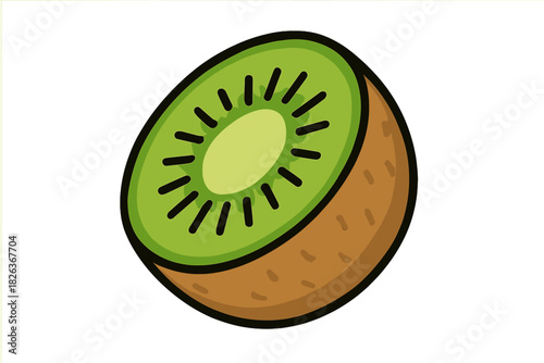 Stylized cross section of a ripe kiwi fruit showing green flesh and brown skin on white background