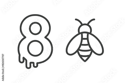 Minimalist line art symbols of a dripping eight and a flying honeybee