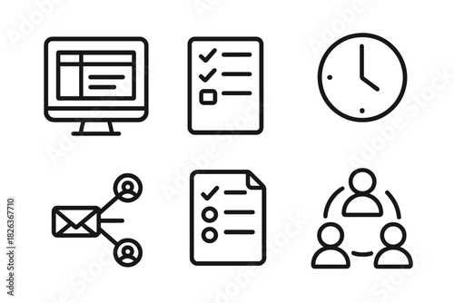 Outline icons for business, time management, task lists, and team communication