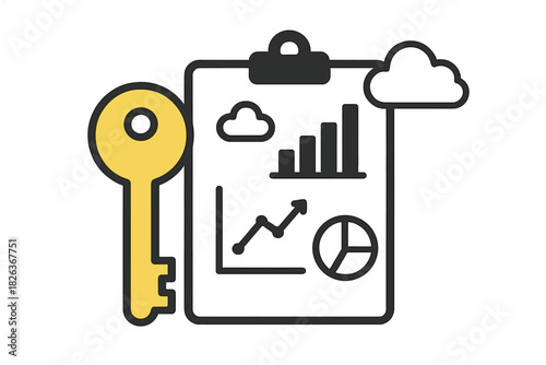 Golden key next to clipboard showing data analysis and cloud insights