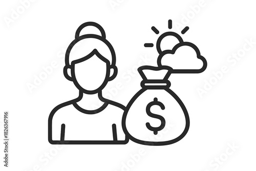 Woman standing next to a money bag symbolizing financial success and future savings