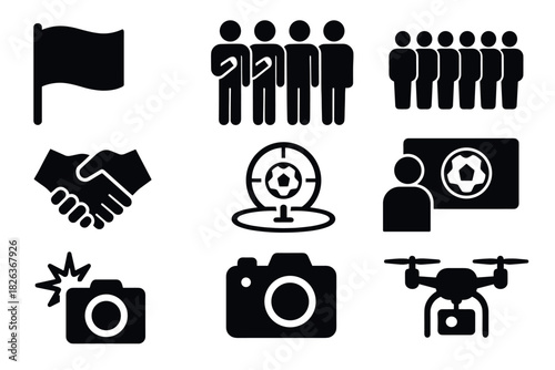 Essential silhouette icons: flag, camera, drone, handshake, people, target