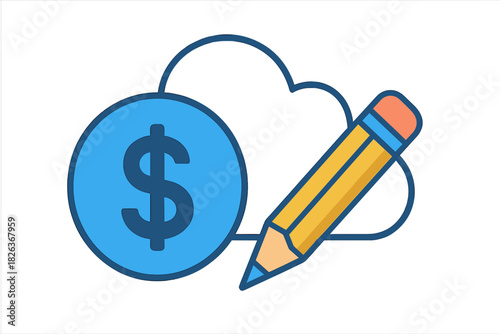 Creative financial planning concept showing a dollar coin and a pencil drawing a cloud outline