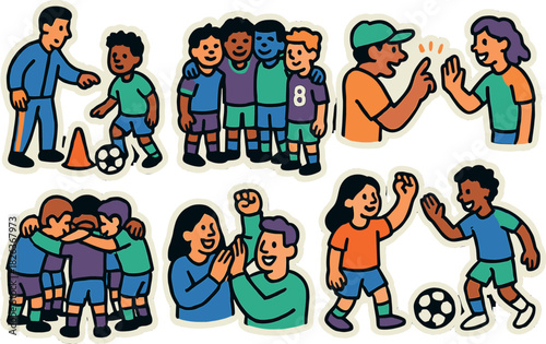 Team spirit: cartoon kids playing soccer, celebrating, and cooperating in sports activities
