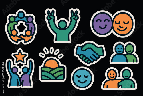 Colorful symbols of unity and positivity featuring smiling faces and teamwork