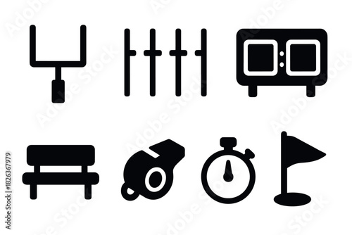 Minimalist sports icons set: goalpost, whistle, stopwatch, and more in bold silhouette style
