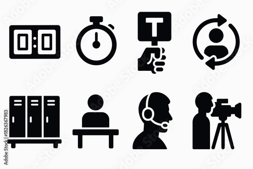 Essential office and communication icons in bold silhouette style