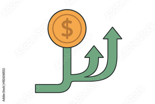 Dollar coin splitting into multiple upward arrows symbolizing financial growth and investment diversification