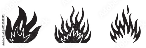 Stylized fire flame icons set, diverse black graphic design elements representing heat, danger, energy, warmth, or power on an isolated white background.
