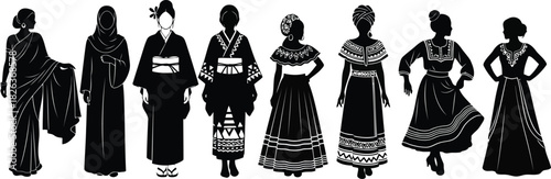 Collection of diverse female silhouettes showcasing traditional costumes from various cultures around the world, isolated on