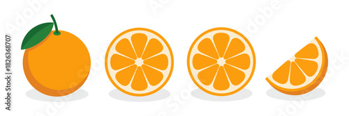 Orange fruit flat design set with whole orange, half slices, and a quarter piece, representing freshness, health, natural sweetness and vitamin c.
