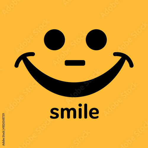 Minimalist black smiling face icon on a vibrant orange background, with the word 'smile' prominently displayed, symbolizing happiness and positivity