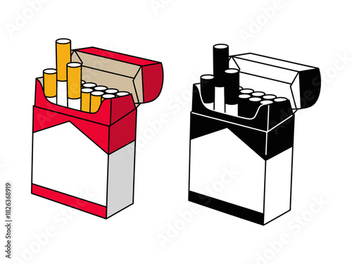 Open red and black and white cigarette packs vector illustration symbolizing tobacco use, nicotine addiction, health hazards, and harmful smoking habit dangers.