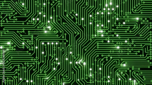 Animated Green Circuit Board With Glowing Nodes Moving Through Wires