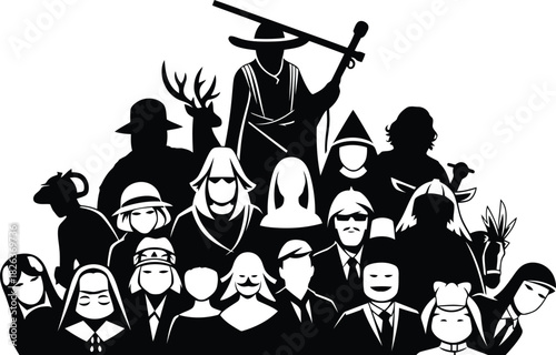 Silhouettes of a large, diverse group of people and fantasy characters, including a wizard and warriors, isolated on