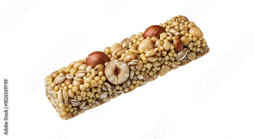 Nut and seed energy bar isolated on white background, healthy snack and protein boost, perfect for fitness and outdoor activities