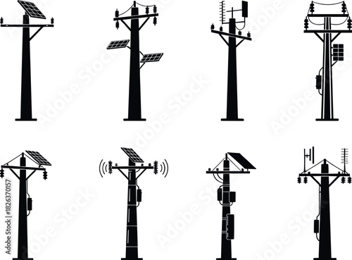 Modern utility pole silhouettes, solar panels, antennas, transformers, smart grid infrastructure, renewable energy, flavector