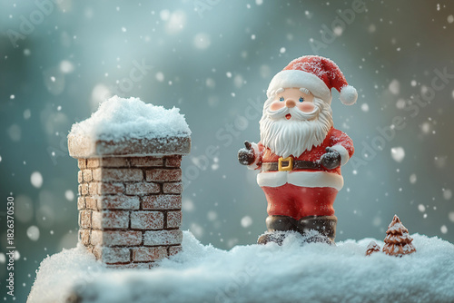Generative ai image of cute funny santa claus figurine standing on snowy chimney in magical christmas holiday sunset