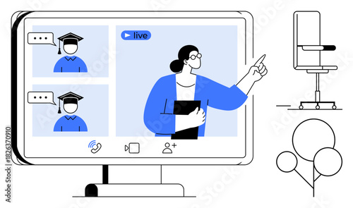 Teacher leading live video class with two students in graduation caps on screen. Ideal for education, e-learning, training, virtual meetings, webinars, remote teamwork, simple flat metaphor