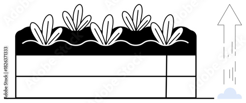 Plants sprouting in layered soil structure with upward arrow representing growth, cultivation, and progress. Ideal for agriculture, sustainability, gardening, progress, organic farming, environmental