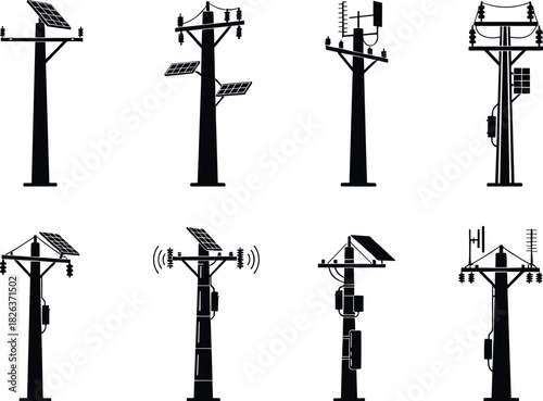 Modern utility pole silhouettes, solar panels, antennas, transformers, smart grid infrastructure, renewable energy, flavector